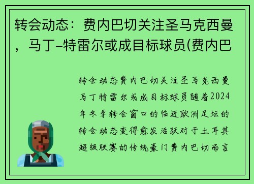 转会动态：费内巴切关注圣马克西曼，马丁-特雷尔或成目标球员(费内巴切球迷夫妇)