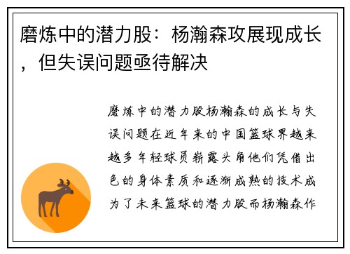 磨炼中的潜力股：杨瀚森攻展现成长，但失误问题亟待解决