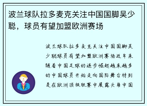 波兰球队拉多麦克关注中国国脚吴少聪，球员有望加盟欧洲赛场