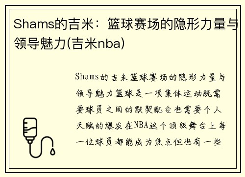 Shams的吉米：篮球赛场的隐形力量与领导魅力(吉米nba)