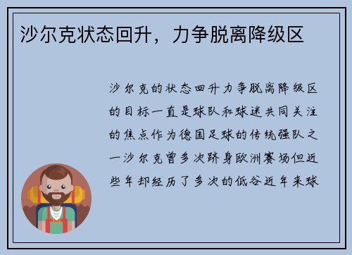 沙尔克状态回升，力争脱离降级区