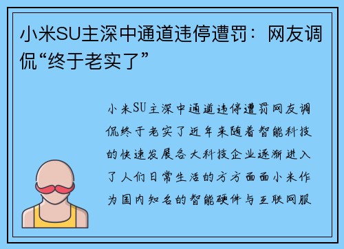 小米SU主深中通道违停遭罚：网友调侃“终于老实了”