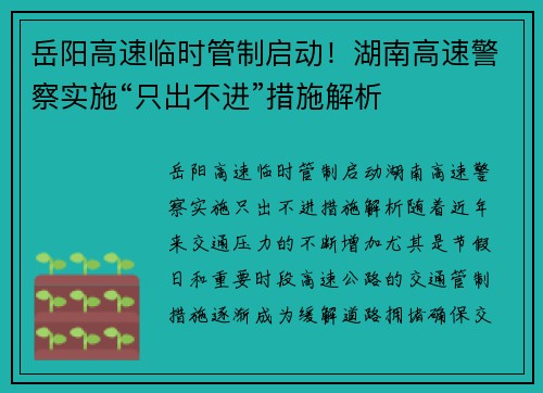 岳阳高速临时管制启动！湖南高速警察实施“只出不进”措施解析