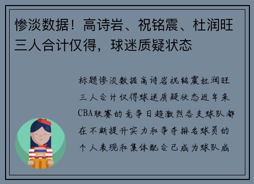 惨淡数据！高诗岩、祝铭震、杜润旺三人合计仅得，球迷质疑状态