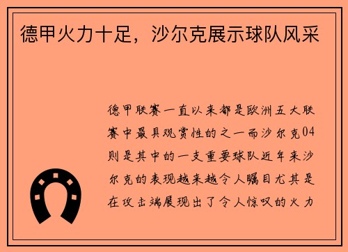 德甲火力十足，沙尔克展示球队风采