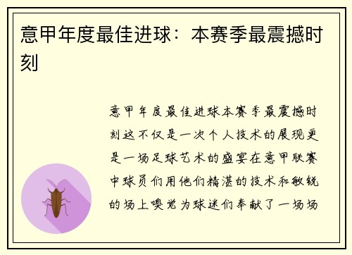 意甲年度最佳进球：本赛季最震撼时刻