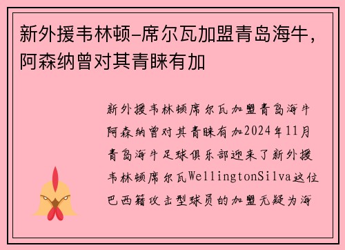 新外援韦林顿-席尔瓦加盟青岛海牛，阿森纳曾对其青睐有加