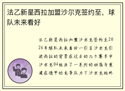 法乙新星西拉加盟沙尔克签约至，球队未来看好