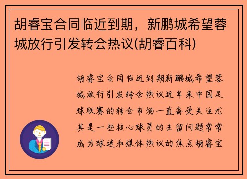 胡睿宝合同临近到期，新鹏城希望蓉城放行引发转会热议(胡睿百科)