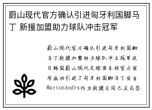 蔚山现代官方确认引进匈牙利国脚马丁 新援加盟助力球队冲击冠军